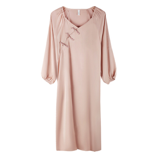 轩靓新中式睡裙女士春秋季薄款冰丝长袖仿真丝绸睡衣高级感家居服