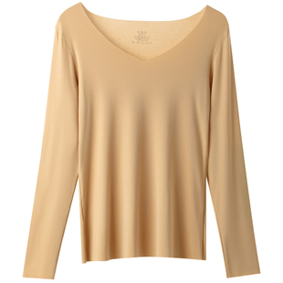 女士莫代尔薄款保暖内衣无痕V领打底衫长袖秋衣上衣肉色单件内搭