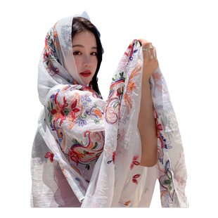 围巾女夏季沙漠旅游防晒披肩民族风茶卡盐湖丝巾时尚纱巾头巾