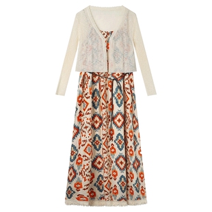 白鹿语度假风印花吊带裙外披上衣两件套25夏新款复古民族风套装