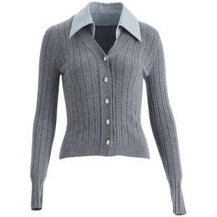 OBEG欧碧倩假两件灰色针织开衫女秋设计感气质羊毛针织衫10484003