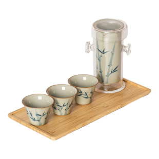 画续草木灰手绘竹子茶水分离泡茶杯套装玻璃红茶杯专用一壶三杯