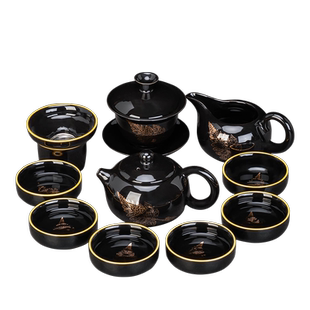 功夫茶具乌金釉套装轻奢家用茶宠茶叶罐木叶盏茶壶礼盒装办公赠礼