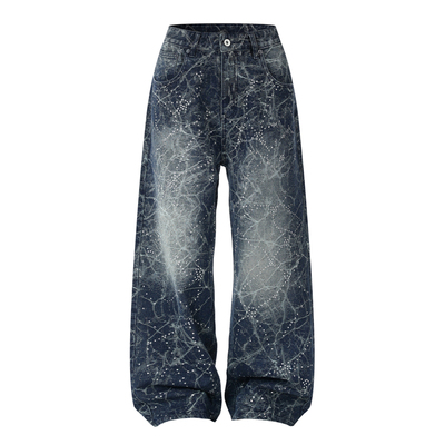 DESIGNSECRETS 25FW巴黎风高街闪电纹烫钻牛仔裤男宽松阔腿长裤潮