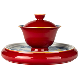圣山X旬真堂胭脂红金鲤献宝茶具景德镇手工陶瓷茶具盖碗泡茶盖碗