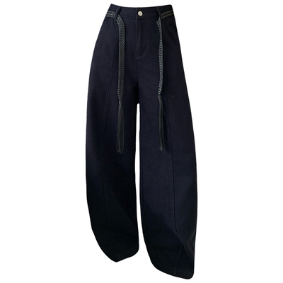 秋冬藏青色宽松女牛仔阔腿弯刀裤