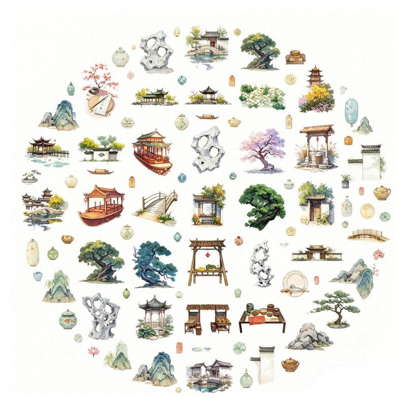50张PET透明古风庭院贴纸