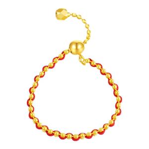 周大生黄18K金戒指素圈手工编红绳指环尾戒可调节生日礼物送女友