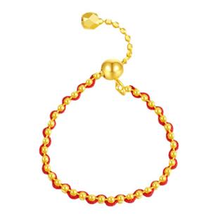 周大生黄18K金戒指素圈手工编红绳指环尾戒可调节情人节新年礼物