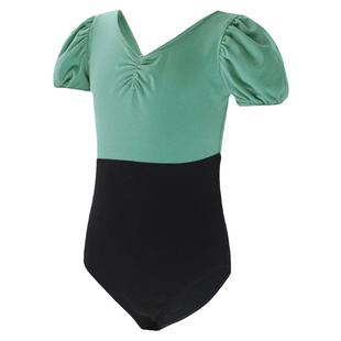 儿童芭蕾舞服泡泡袖绿舞蹈服夏季短袖练功服考级女童形体服跳舞衣