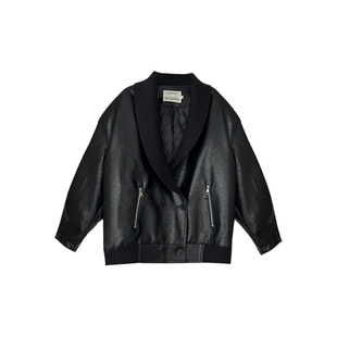 CIZZLEMORE 重工高级感夹棉加厚外套小众独特拼接针织领pu皮衣女