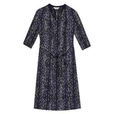 妙采七分袖收腰系带印花连衣裙