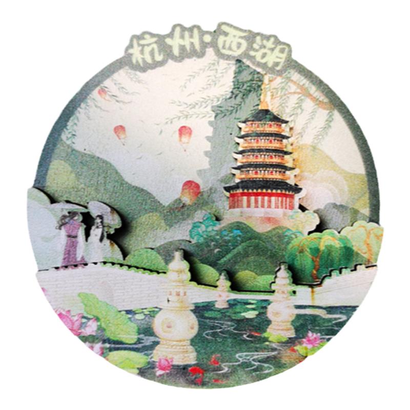 杭州西湖木质冰箱贴分层木刻磁贴彩绘旅游景点雷峰塔三潭印月断桥