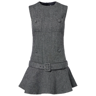 沃格SP早春新款气质灰色人字纹多口袋系腰带羊毛混优雅无袖连衣裙