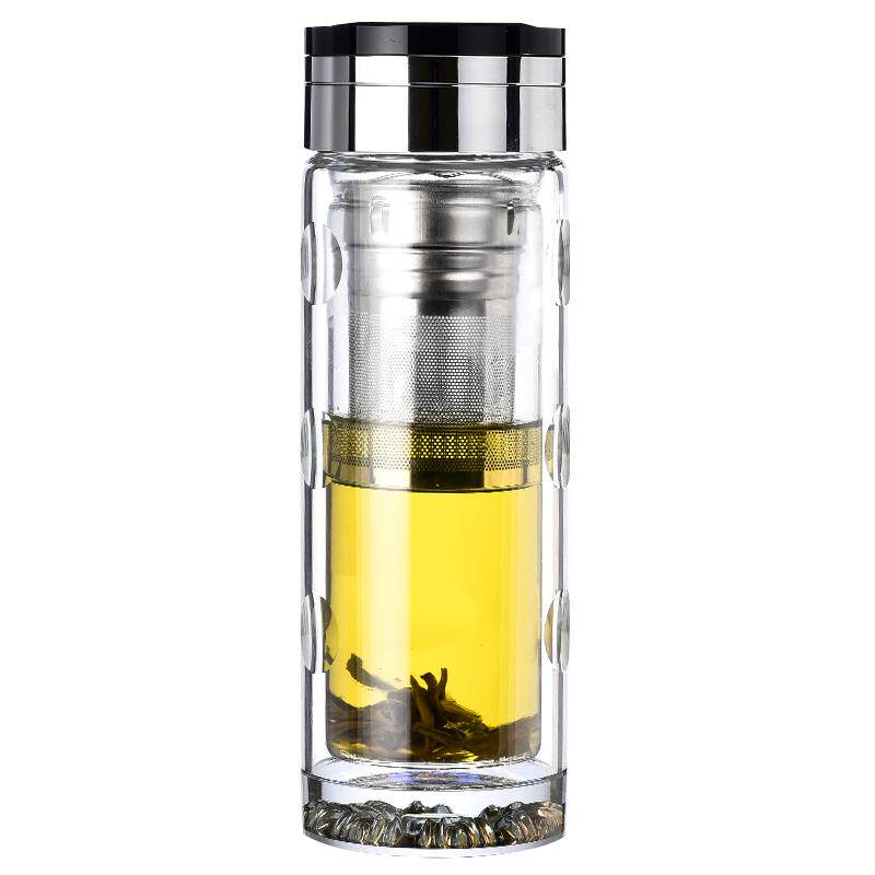 蓝水晶双层玻璃杯茶水分离泡茶杯子车载水杯男礼品定制刻字印logo