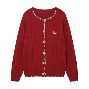 BIPOLAR腊肠狗一字绣圆领开衫毛衣休闲宽松新年红色上衣内搭女秋