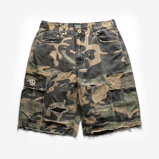 【坠落】NEIGBORL钊叔制破坏复古水洗做旧宽松休闲工装迷彩短裤