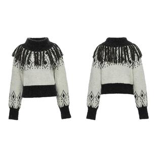 Palavas秋冬油画丛林秘境黑色流苏毛衣 针织衫女上衣高克重毛衣女