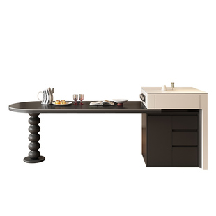 中古风复古岛台餐桌一体家用可伸缩半圆弧形岩板开放厨房中导吧台