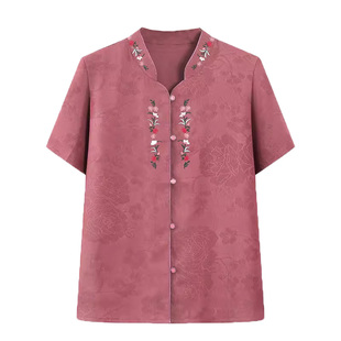 老年人女装夏装桑蚕丝真丝上衣老太太奶奶装60岁妈妈短袖衬衫套装