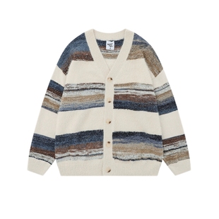 悟空有货复古慵懒风条纹开衫针织衫外套男女潮牌宽松情侣情侣毛衣