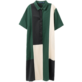 无谓2025夏季新款女装宽松显瘦亚麻裙大码拼接撞色休闲棉麻衬衫裙