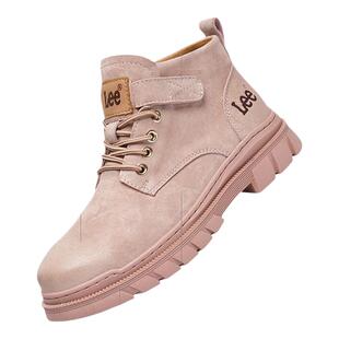 Lee官方真皮大黄靴女款马丁靴冬季英伦加绒短靴厚底粉色马丁靴女
