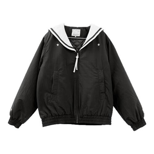 innomoood 不透明星系海军领黑白撞色棉服贴布绣外套学院秋冬小众
