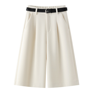 米白色羊绒阔腿裤女秋冬季2025新款小个子七分裤羊毛呢高级感中裤