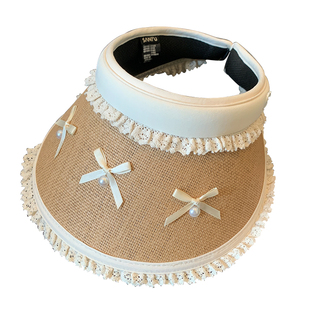 蕾丝蝴蝶结黑胶空顶草编帽女夏季大帽檐防晒帽户外遮阳太阳帽子潮