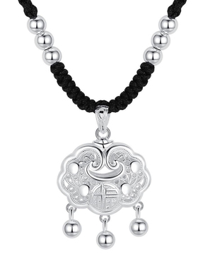 纯银平安锁项链女红黑编绳