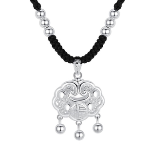 纯银平安锁项链女红黑编绳长命福锁镂空足银吊坠大人款送女友礼物