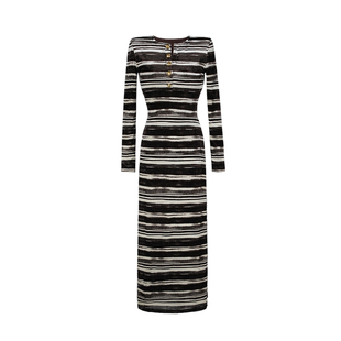 大婷婷 秋冬新款双层加绒咖杏色条纹长袖显瘦气质连衣裙DT1865