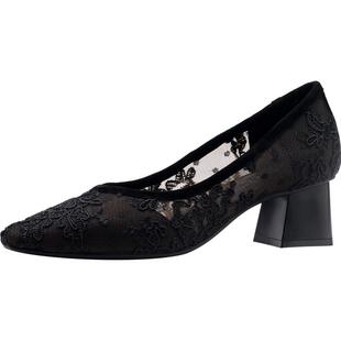 VDVC法式小众新款蕾丝尖头浅口网面女鞋透气5cm粗跟中跟单鞋凉鞋