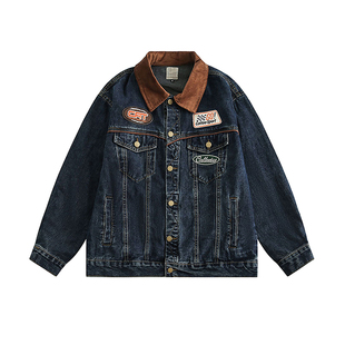 春秋新款美式复古牛仔外套男女机车贴标潮牌翻领高街夹克宽松上衣