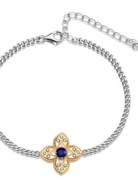 FIICCI 天然斯里兰卡蓝宝石925纯银镀白金手链小轻奢时尚首饰礼物