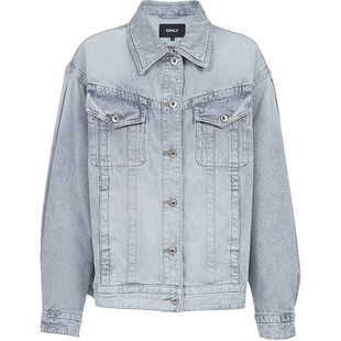 ONLY2025冬季新款街头酷感复古磨白水洗浅蓝色做旧牛仔外套女