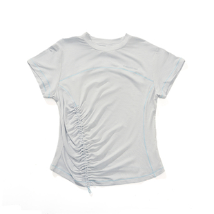 瞬时山野Monterest夏季抗菌纯色抽褶不规则修身羊毛混纺短袖T恤女