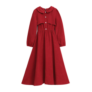 女童灯芯绒连衣裙秋冬新款洋气红色加绒公主裙女孩气质收腰长裙子