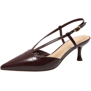 千百度尖头细高跟鞋女款夏季新款后空包头真皮T字带时装凉鞋