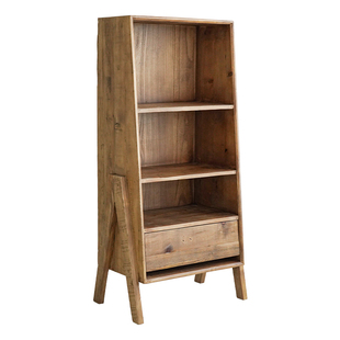 润家家居复古实木老松木落地书柜侘寂风抽屉收纳陈列柜靠墙书架