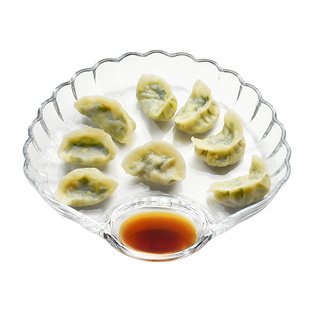 玻璃饺子盘子带醋碟减脂分餐盘家用扇形贝壳水饺专用盘蘸料盘一体