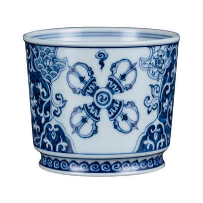 钟家窑茶杯主人杯景德镇柴窑青花手工蓝地开窗金刚杵容天杯直口杯