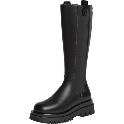 百思图冬新款加绒厚底显瘦骑士长靴切尔西靴烟筒靴女W9102DG4