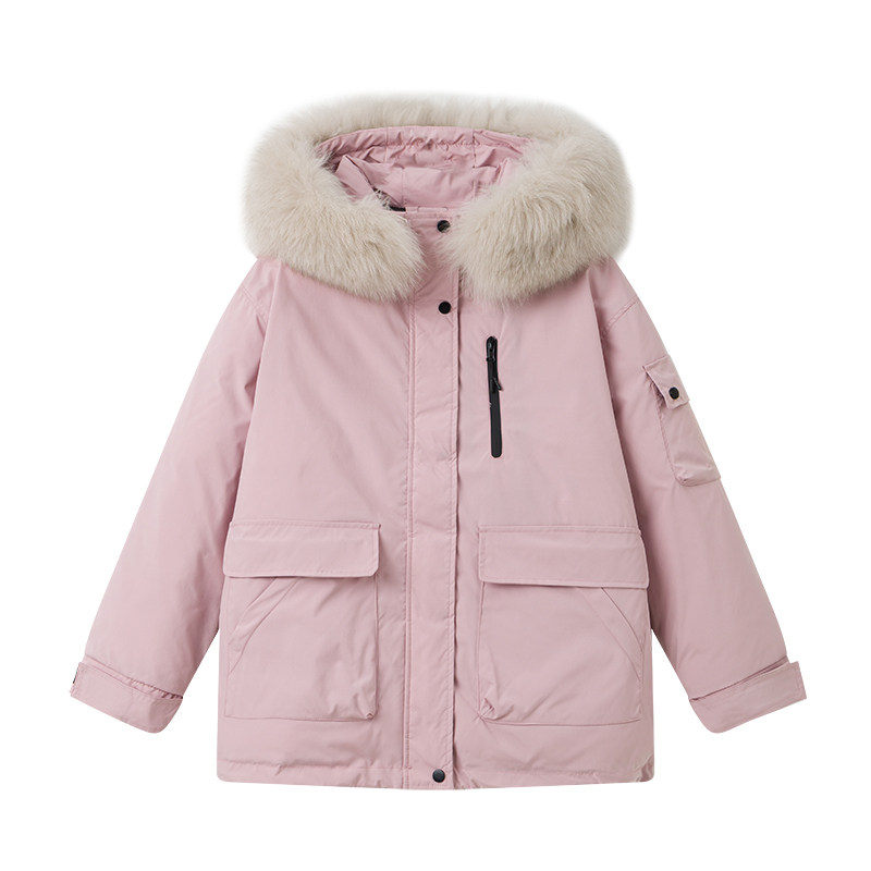 粉色韩系宽松显瘦工装羽绒棉服女2025冬新款设计感情侣加厚派克服