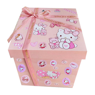 KT猫卡通粉色礼品盒可爱休闲风包装盒蝴蝶结装饰空盒大容量零食盒
