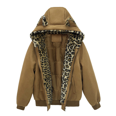 美式猫耳朵座山雕麂皮绒豹纹棉服