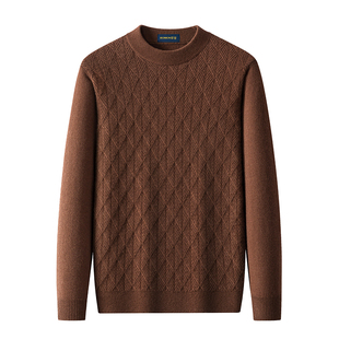 罗蒙100%纯羊毛衫男士半高领加厚冬季毛衣中领针织提花圆领羊绒衫