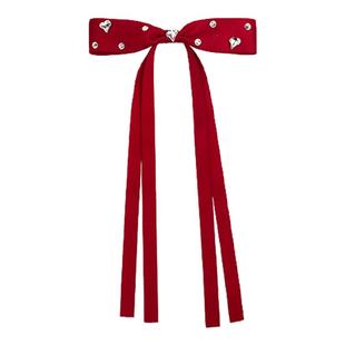 DAINEI岱妮心心结语飘带发夹红色新年订婚飘带女水钻弹簧横夹发饰