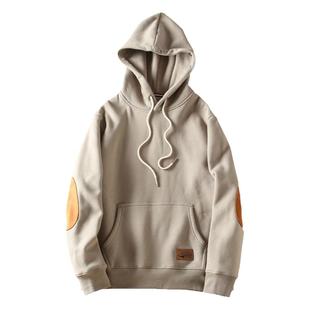 秋冬新款美式休闲袖子贴布男士拉绒内里纯色连帽套头保暖卫衣外套